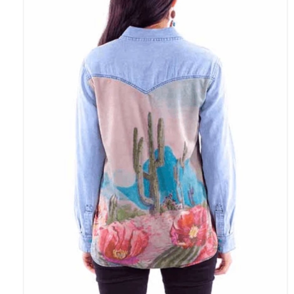 Scully Cactus Print Denim Snap Button Shirt